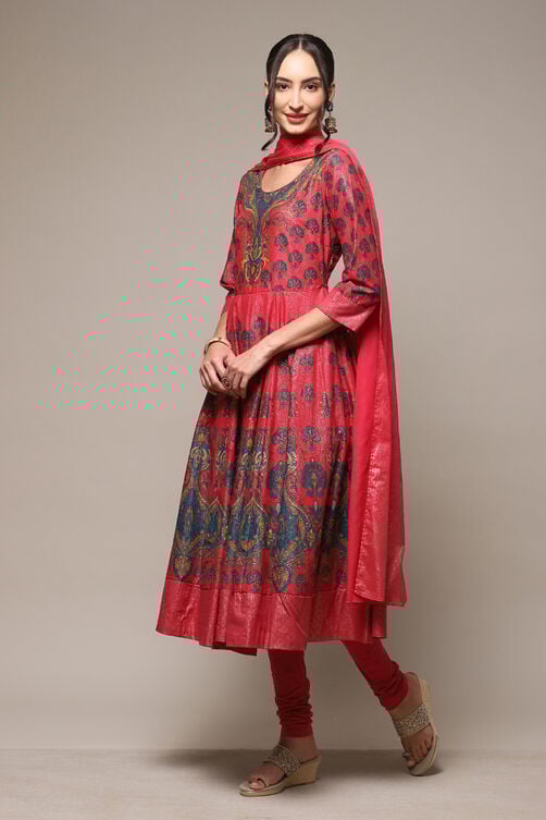 Green Cotton Anarkali Kurta Churidar Suit Set image number 5