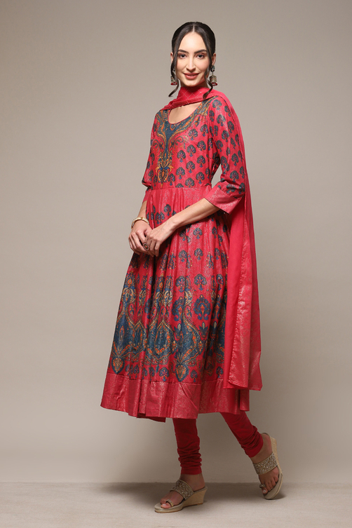 Green Cotton Anarkali Kurta Churidar Suit Set image number 5