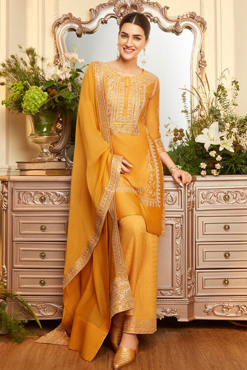 Ochre Yellow Cotton Silk Straight Suit Set image number 0