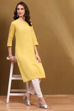 Yellow Cotton Blend Solid Regular Fit Straight Kurta image number 0