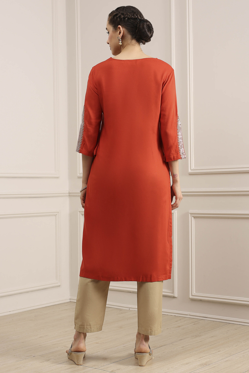 Orange Embroidered Straight Kurta image number 3