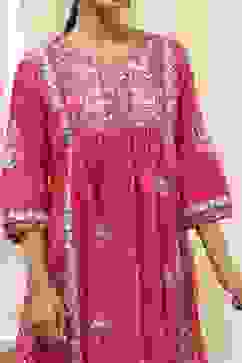 Coral-Red Silk Chanderi Gathered Suit Set image number 1