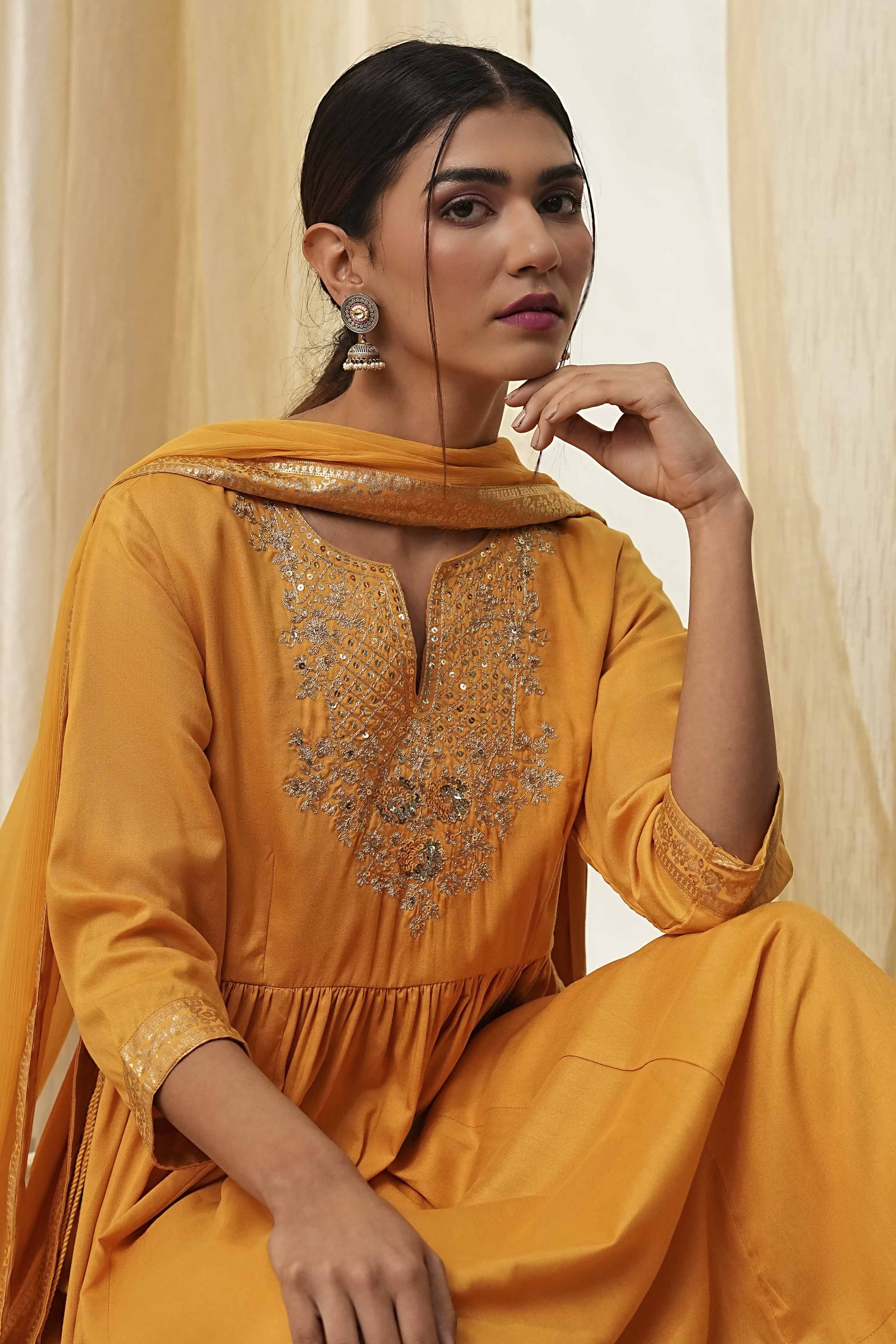 Ochre Yellow Viscose Embellished Gathered Suit Set image number 1