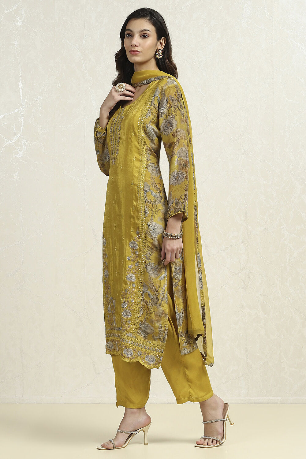 Lime Viscose Blend Embroidered Unstitched Suit Set image number 4