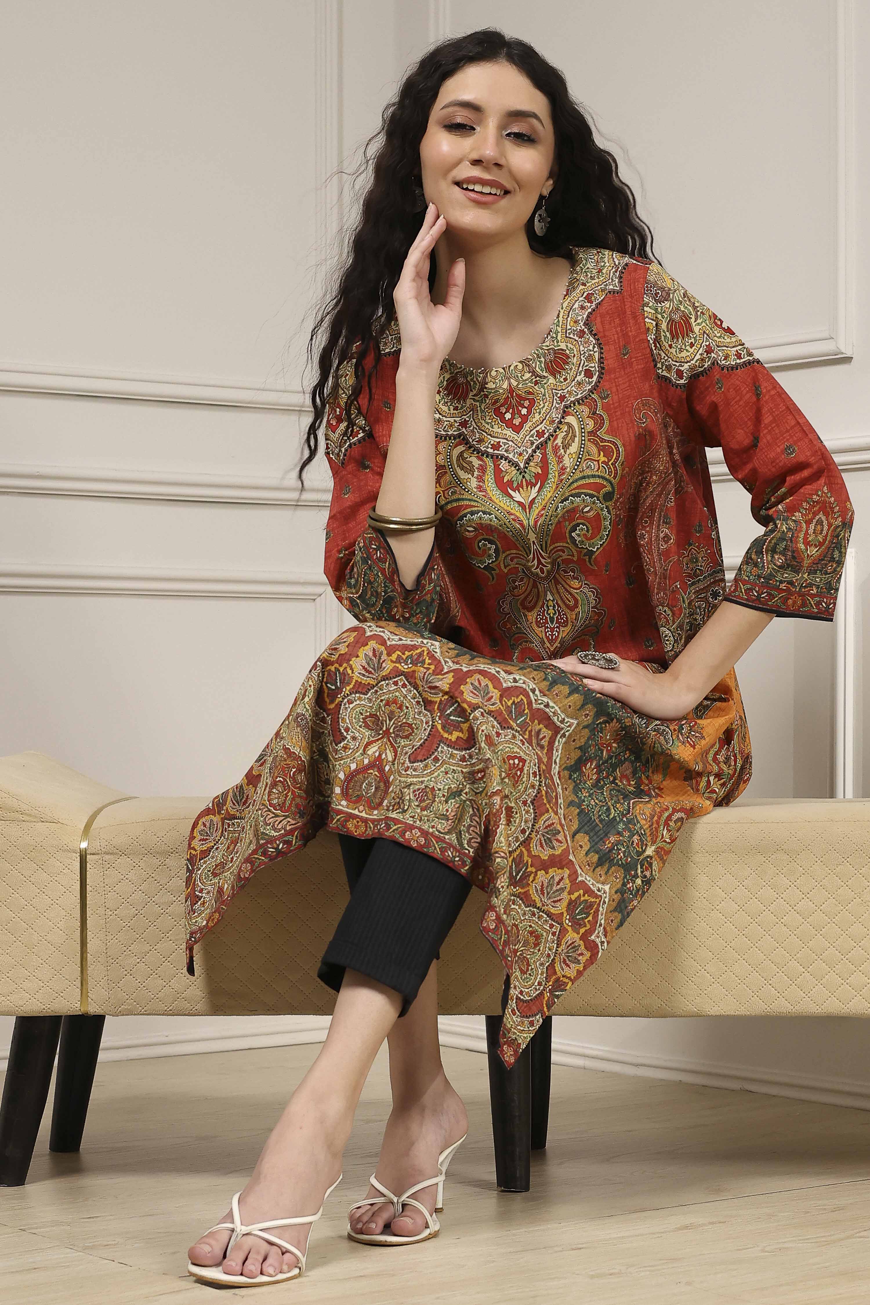 Rust Cotton Printed Straight Kurta image number 0