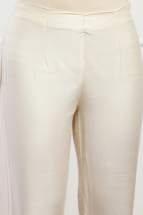 Antique Beige Polyester Slim Yarndyed Pants image number 1
