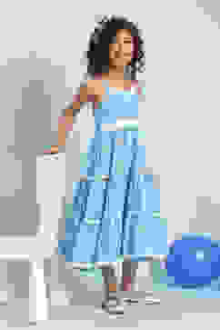 Blue Cotton Schiffli Strappy Tiered Dress image number 0