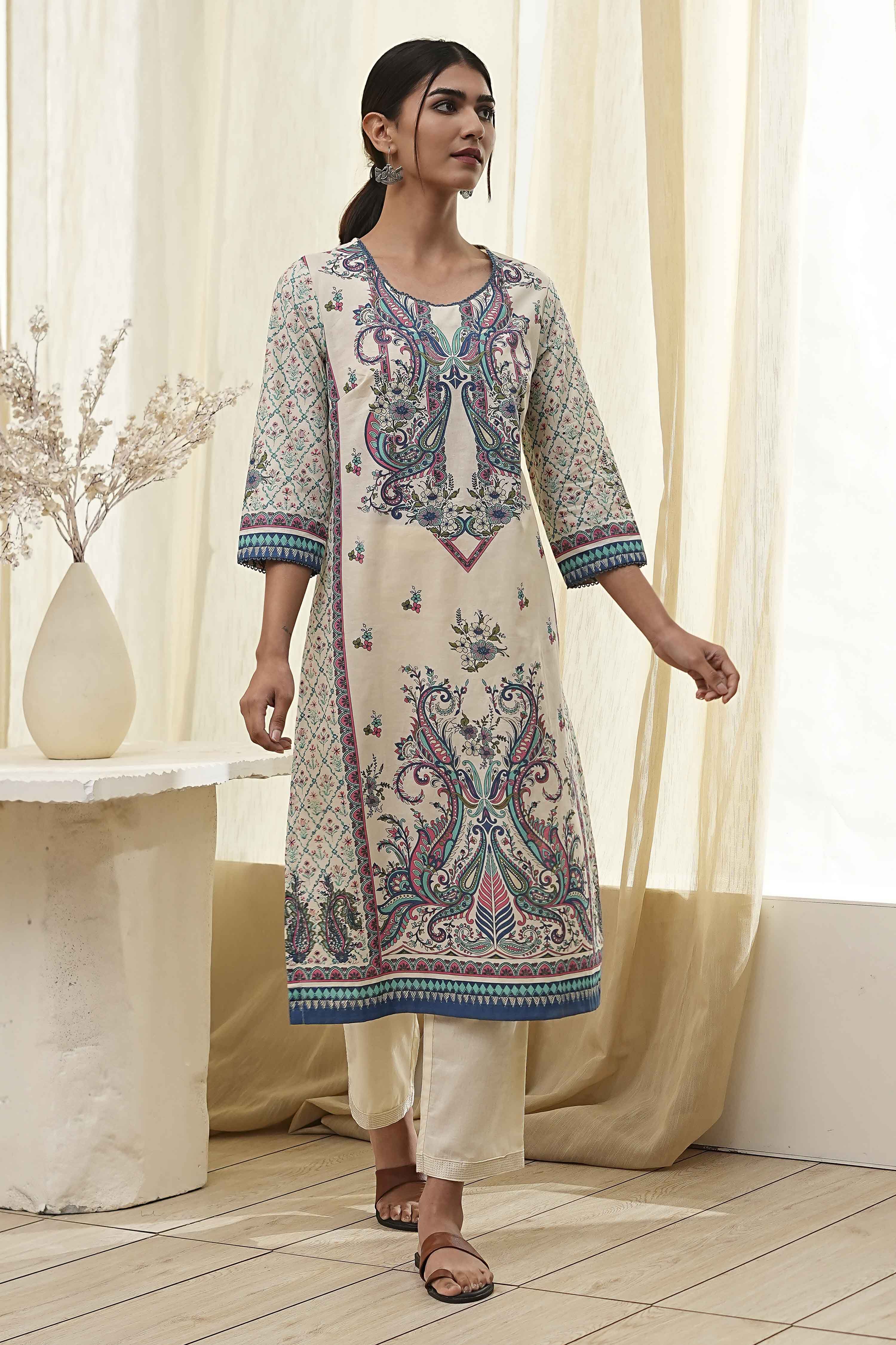 Blue Pure Cotton Printed Straight Kurta image number 0