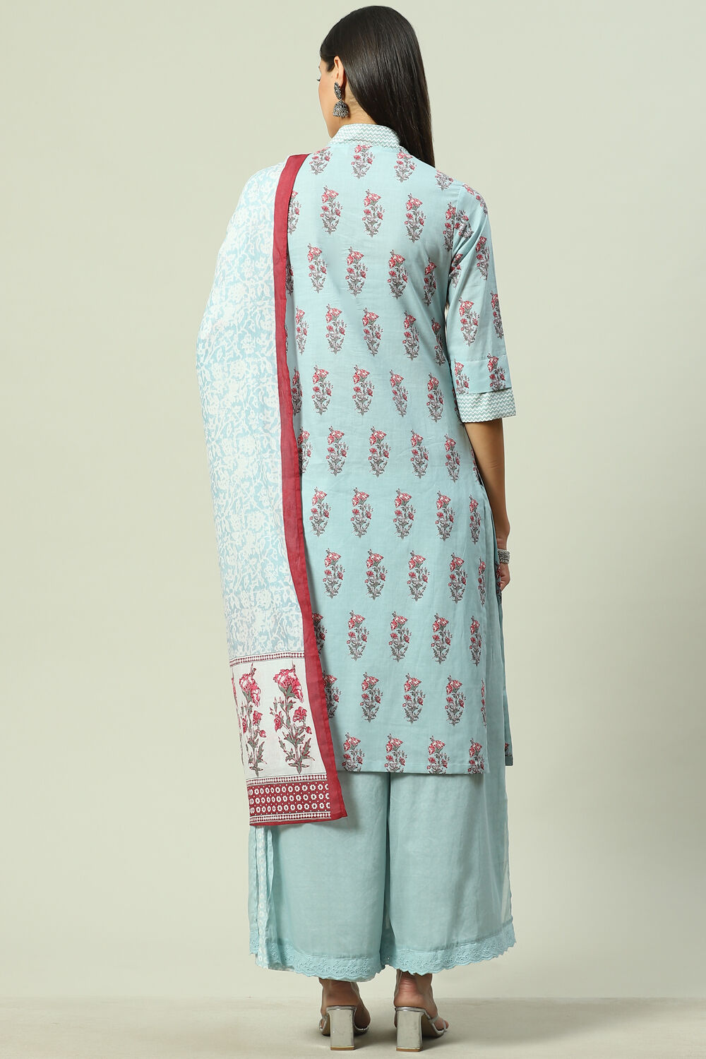 Sky Blue Cotton Straight Kurta Palazzo Suit Set image number 4