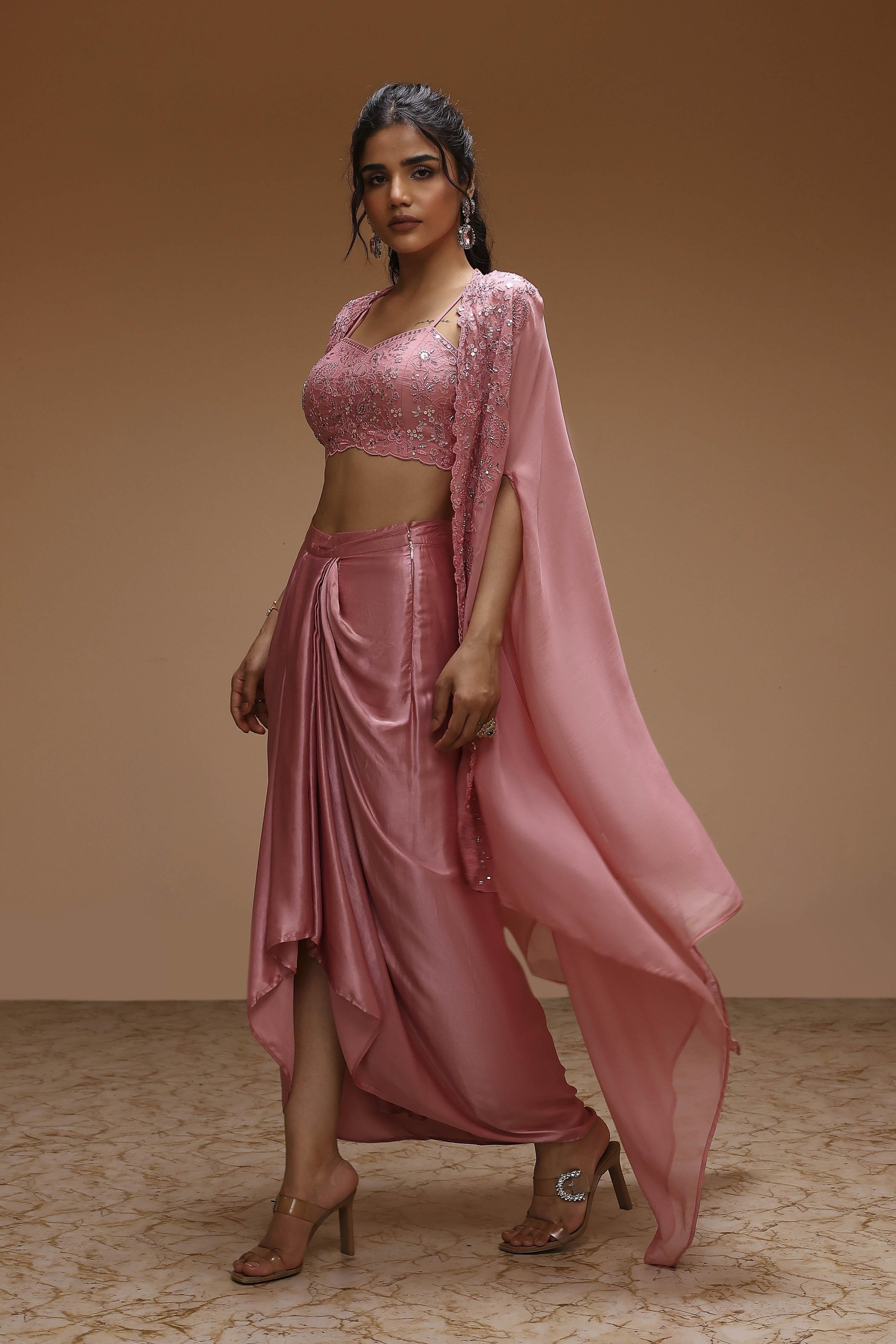 Rose Pink Viscose Organza Fusion Skirt Set image number 3
