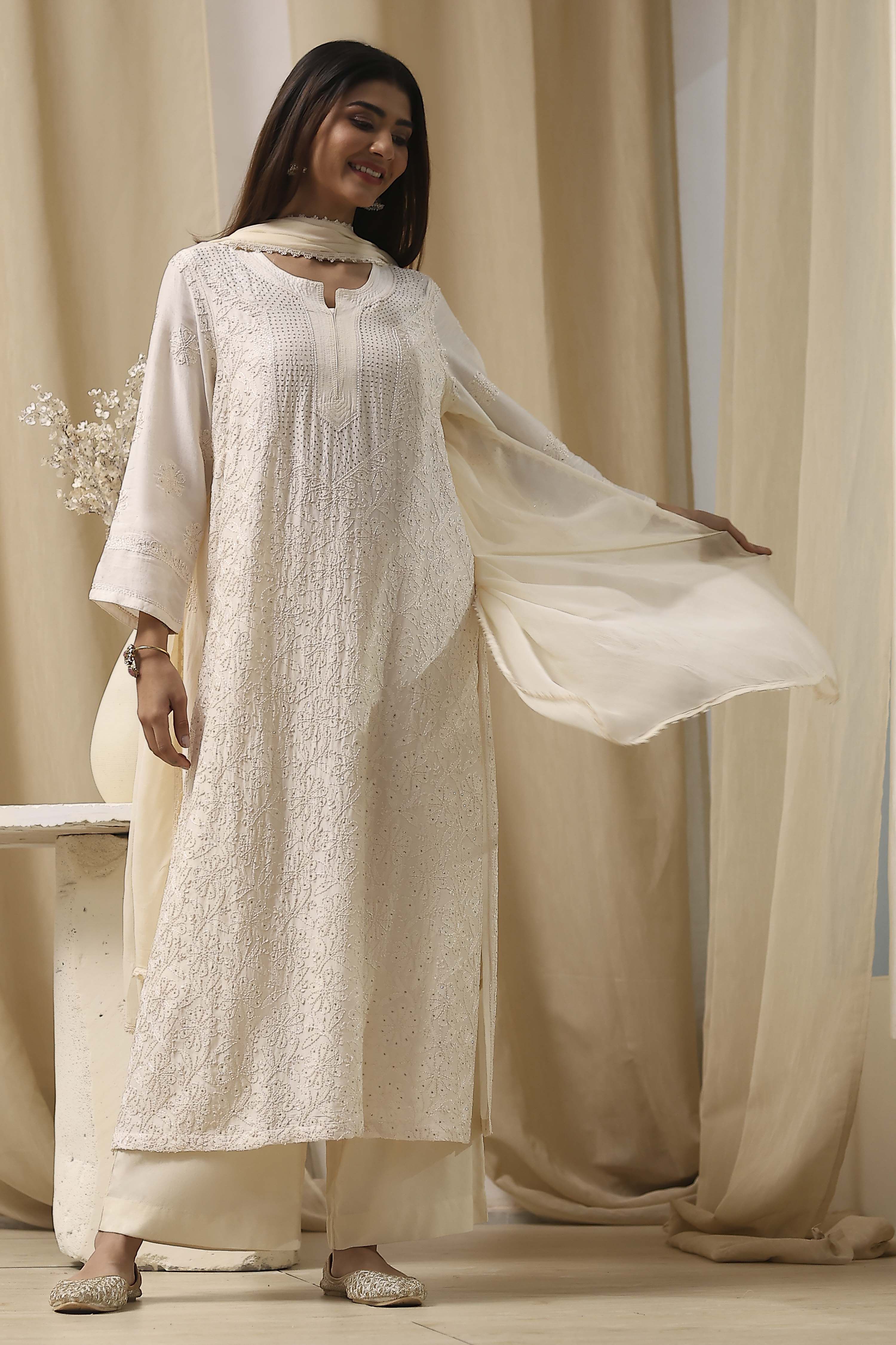 Off-White Modal Chikankari Straight Suit Set image number 0