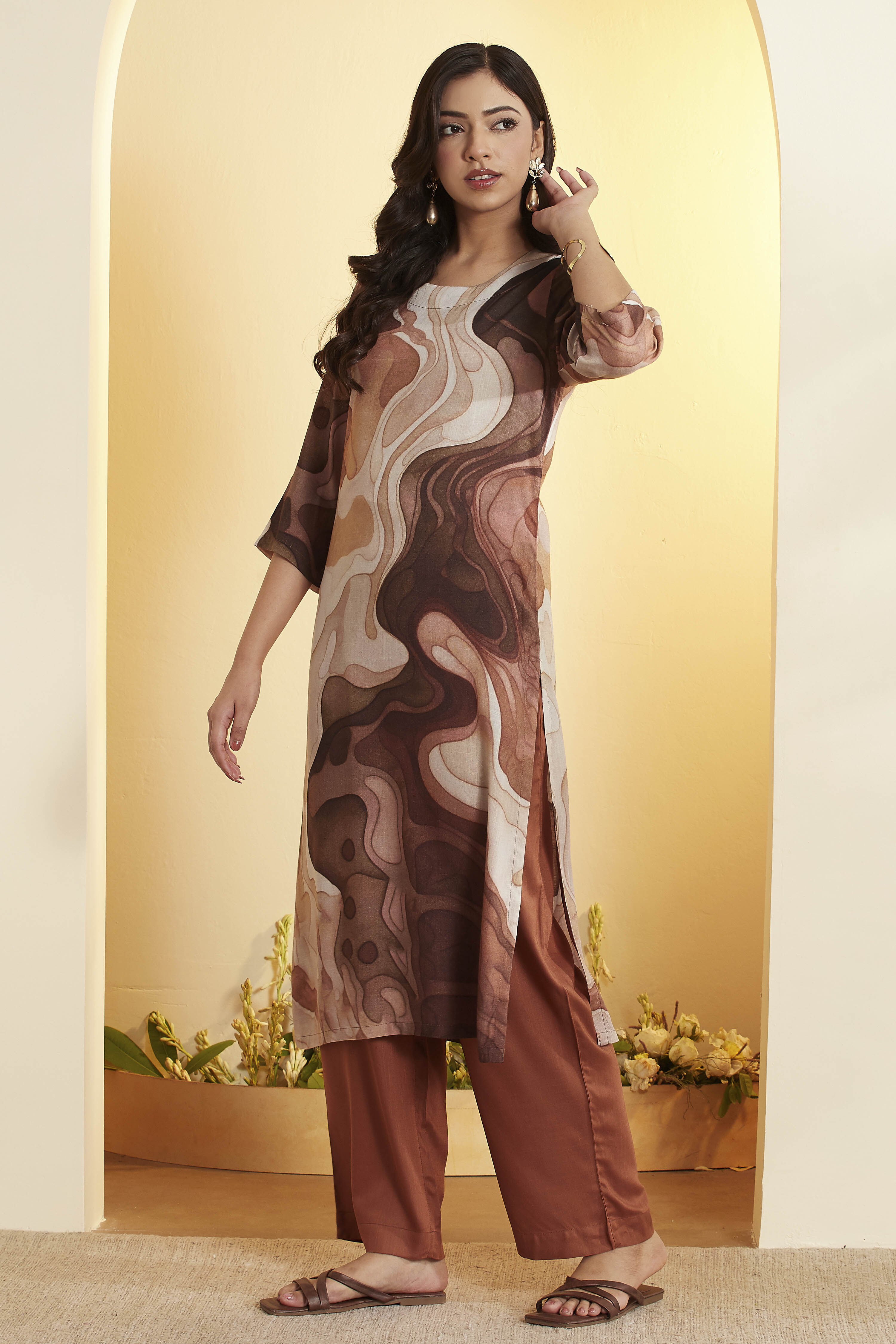 Brown Abstract Printed Straight Rayon Slub Kurta Set image number 3