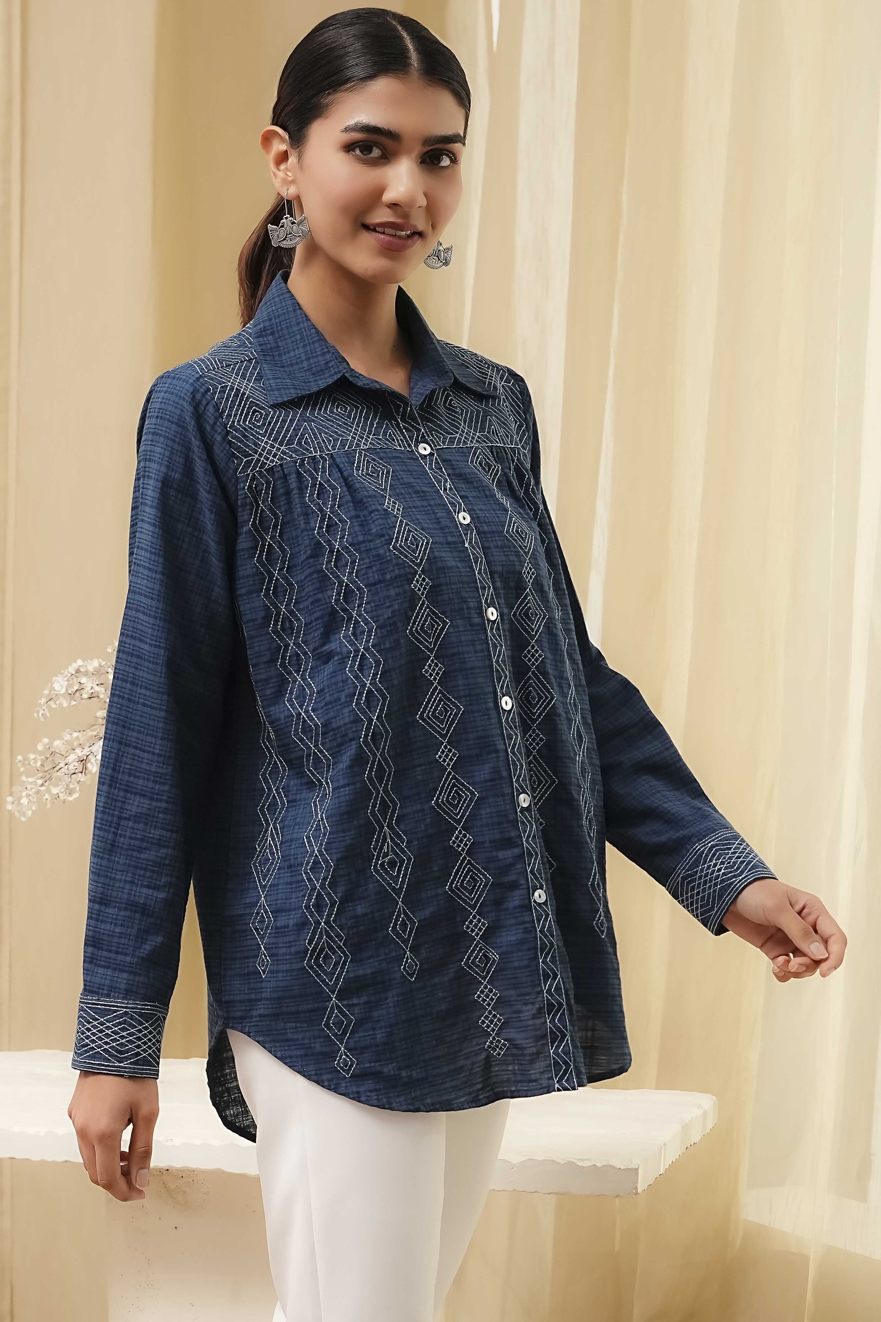 Blue Cotton Blend High-Low Straight Shirt image number 4