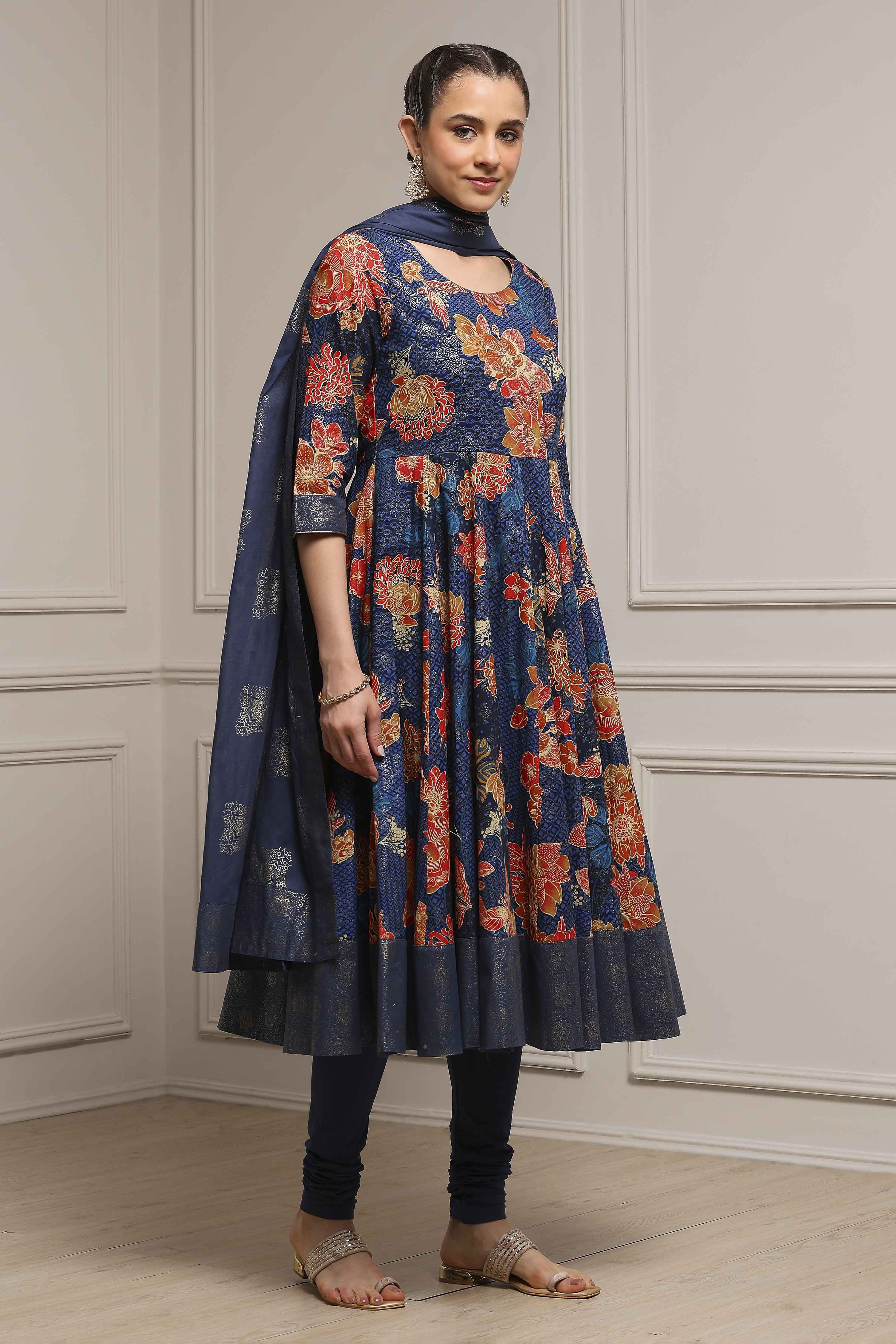 Navy Cotton Anarkali Printed Suit Set image number 5