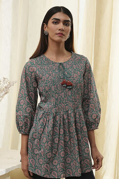 Teal Green Cotton Pleated A-Line Short Kurta image number 1