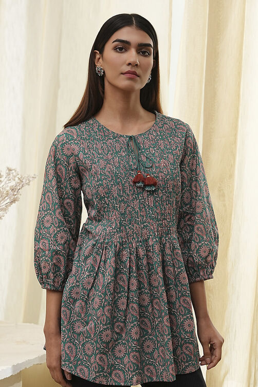 Teal Green Cotton Pleated A-Line Short Kurta image number 1