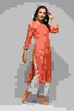 Orange LIVA Straight Printed Kurta image number 0