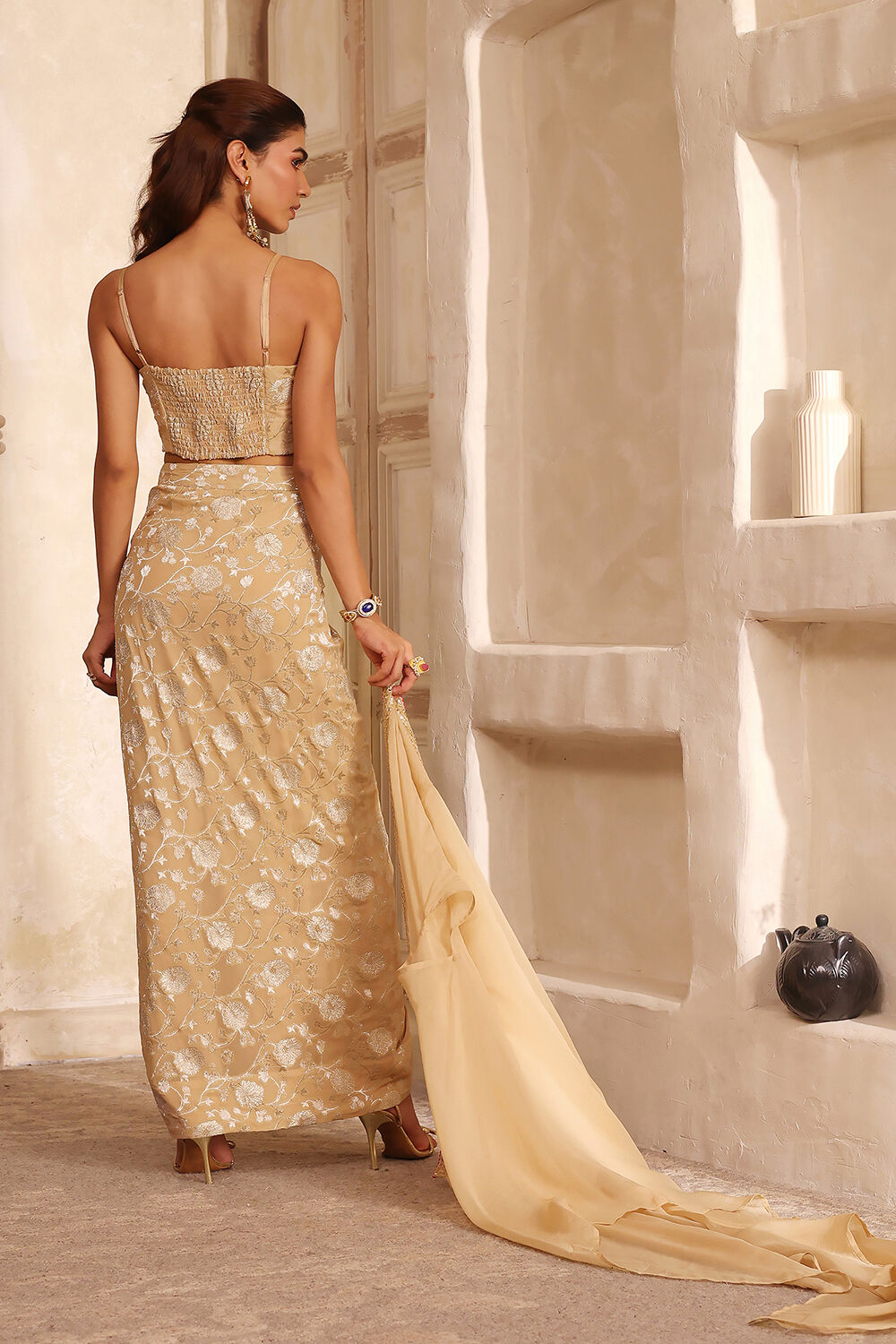 Beige Pure Georgette Jacquard Fusion Skirt Set image number 3