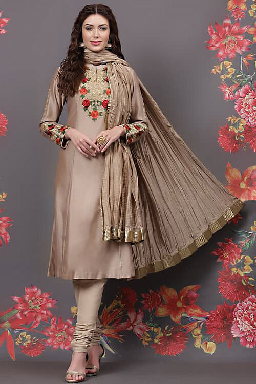 Beige Silk & Cotton Flared Kurta Suit Set image number 0