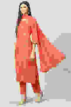 Coral Cotton Straight Kurta Regular Pants Suit Set image number 5