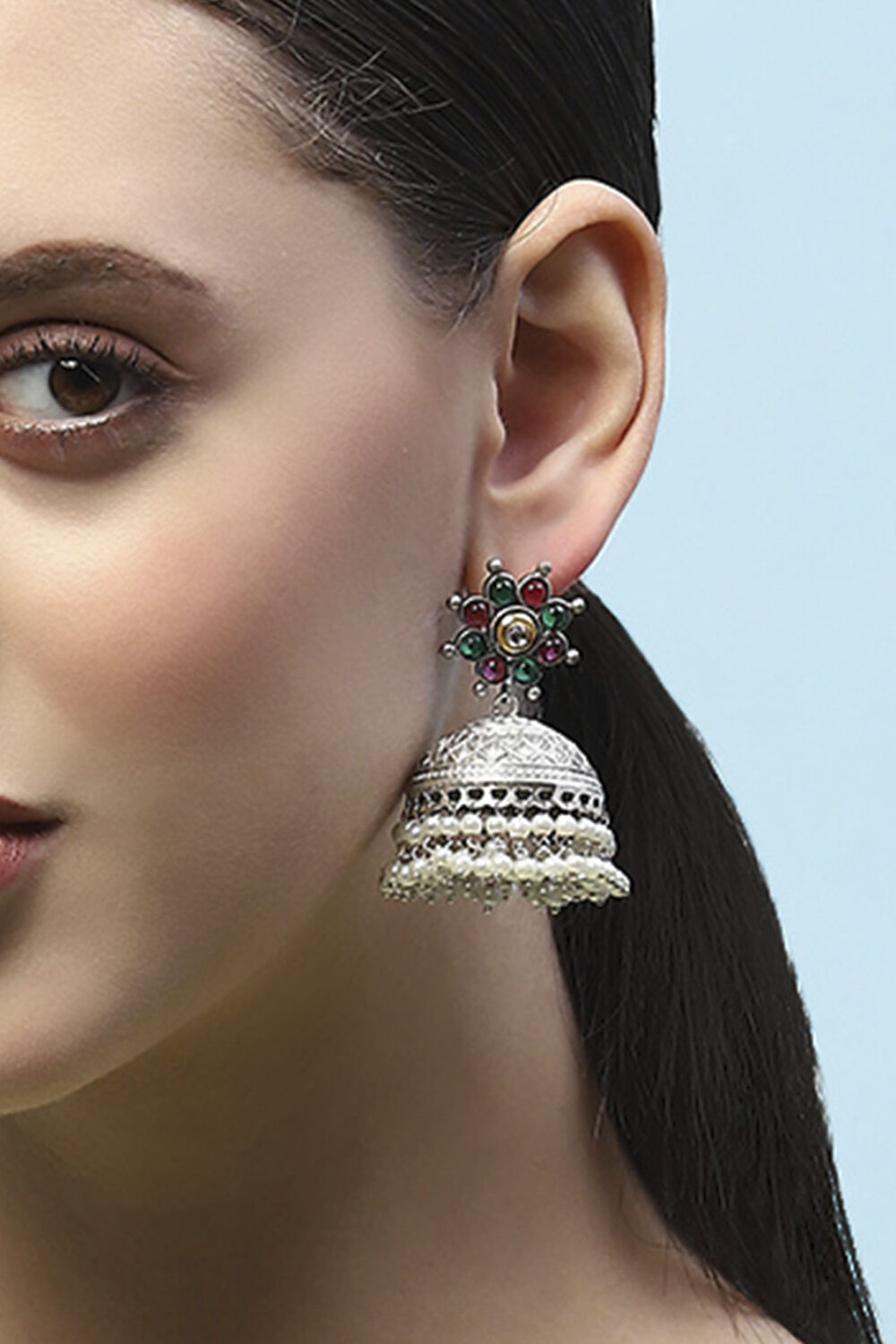 Pink and Green Oxidised Stone Studded Jhumkas image number 3