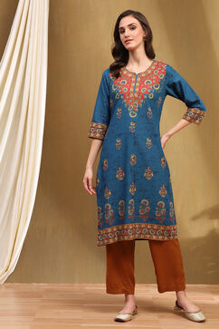 Navy Blue Cotton Printed Straight Kurta image number 6
