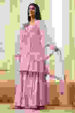 Pink Cotton Metallic Polka Dots Flared Suit Set image number 0