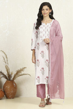 Pink and White Printed Cotton Unstitched Suit Set image number 7