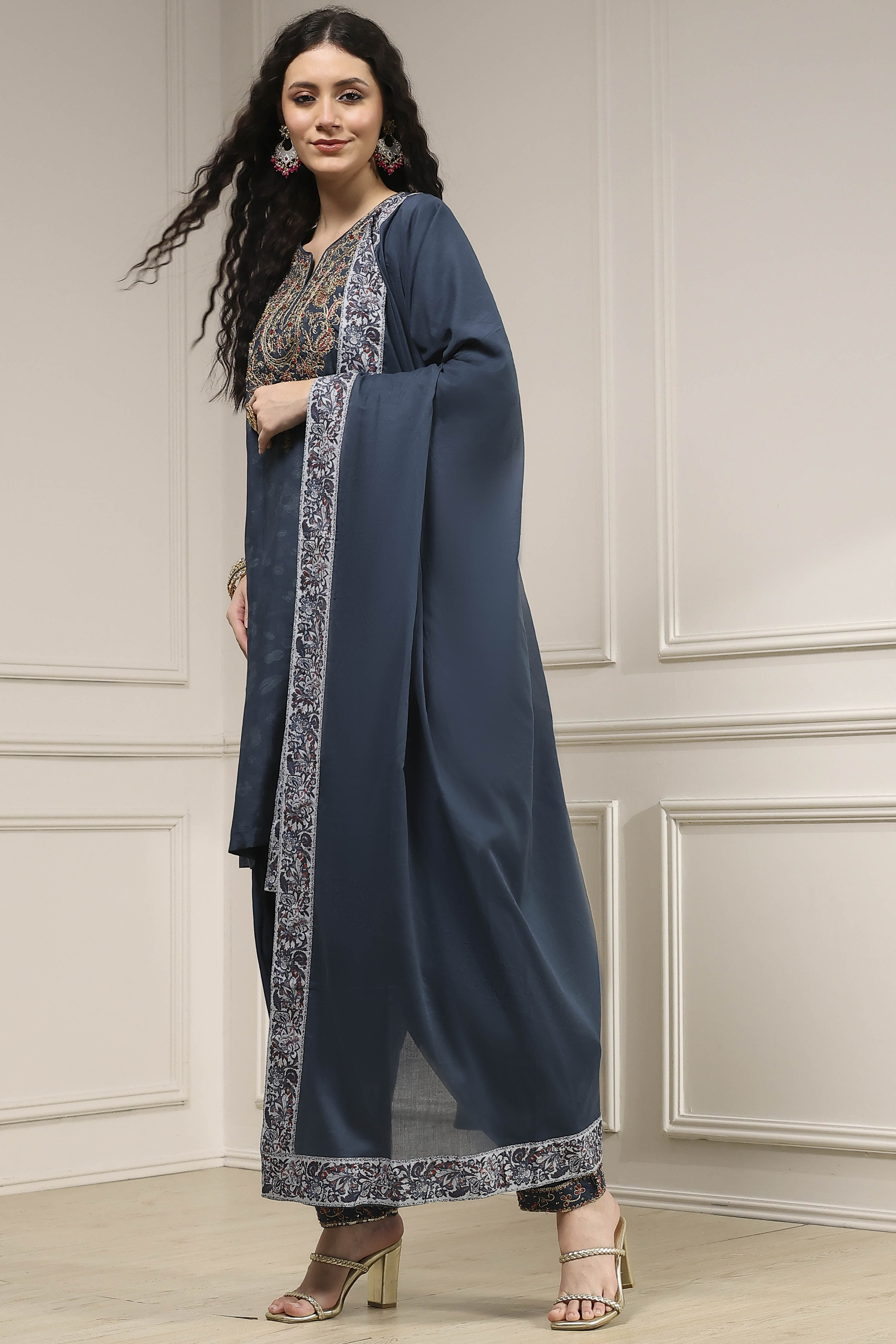 Teal Blue Printed Straight Suit Set image number 3