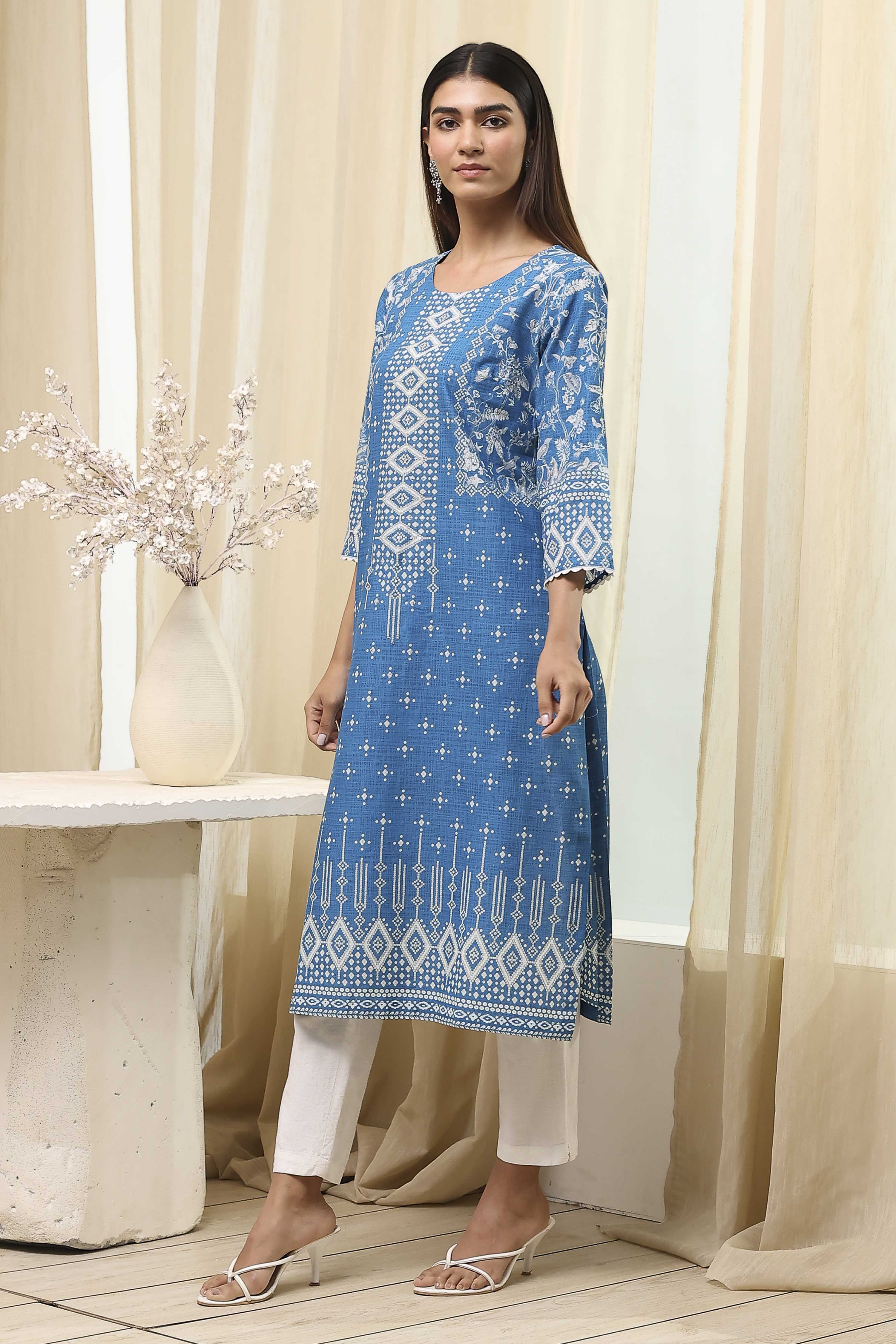 Blue Cotton Printed Straight Kurta image number 2