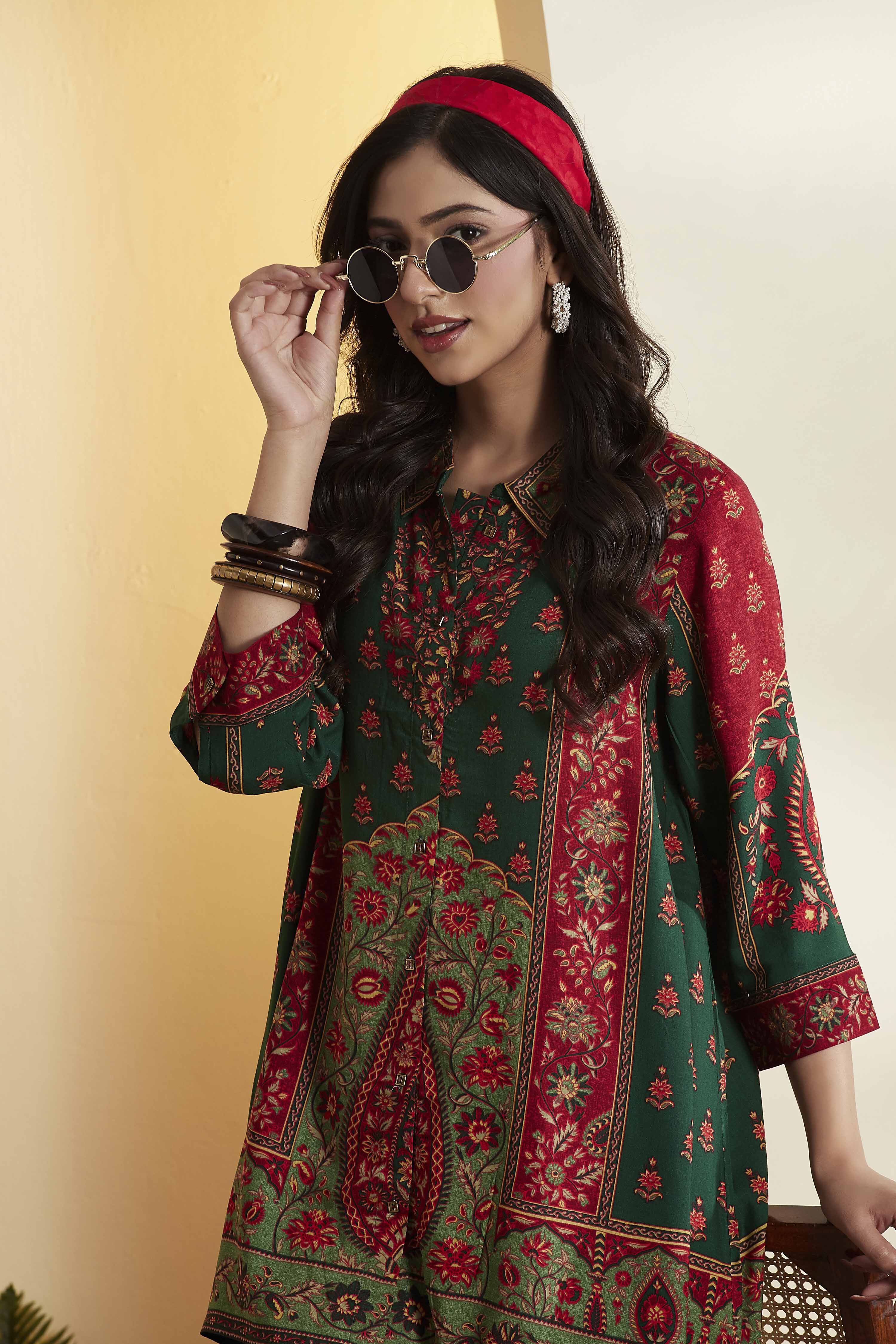 Green Viscose Rayon Printed Asymmetric Kurti image number 1