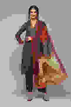 Charcoal Polyester Straight Kurta Narrow Palazzo Suit Set image number 0