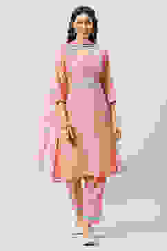 Blush Peach Yarndyed A-Line Kurta Regular Pants Suit Set image number 0