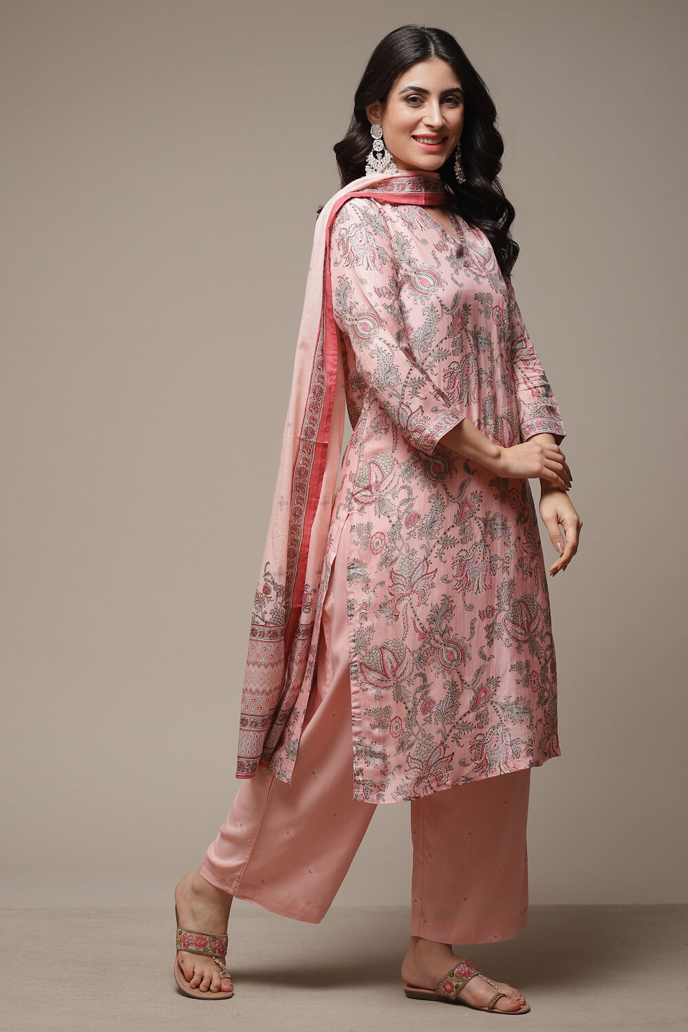 Pink Printed Rayon Kurta & Palazzo Suit Set image number 6