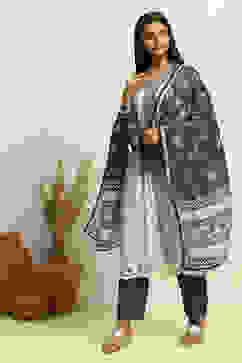 White and Grey Cotton Festive Kalidar Suit Set image number 0