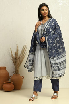White and Grey Cotton Festive Kalidar Suit Set image number 0