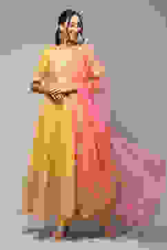 Yellow Cotton Blend Anarkali Kurta Churidar Suit Set image number 7