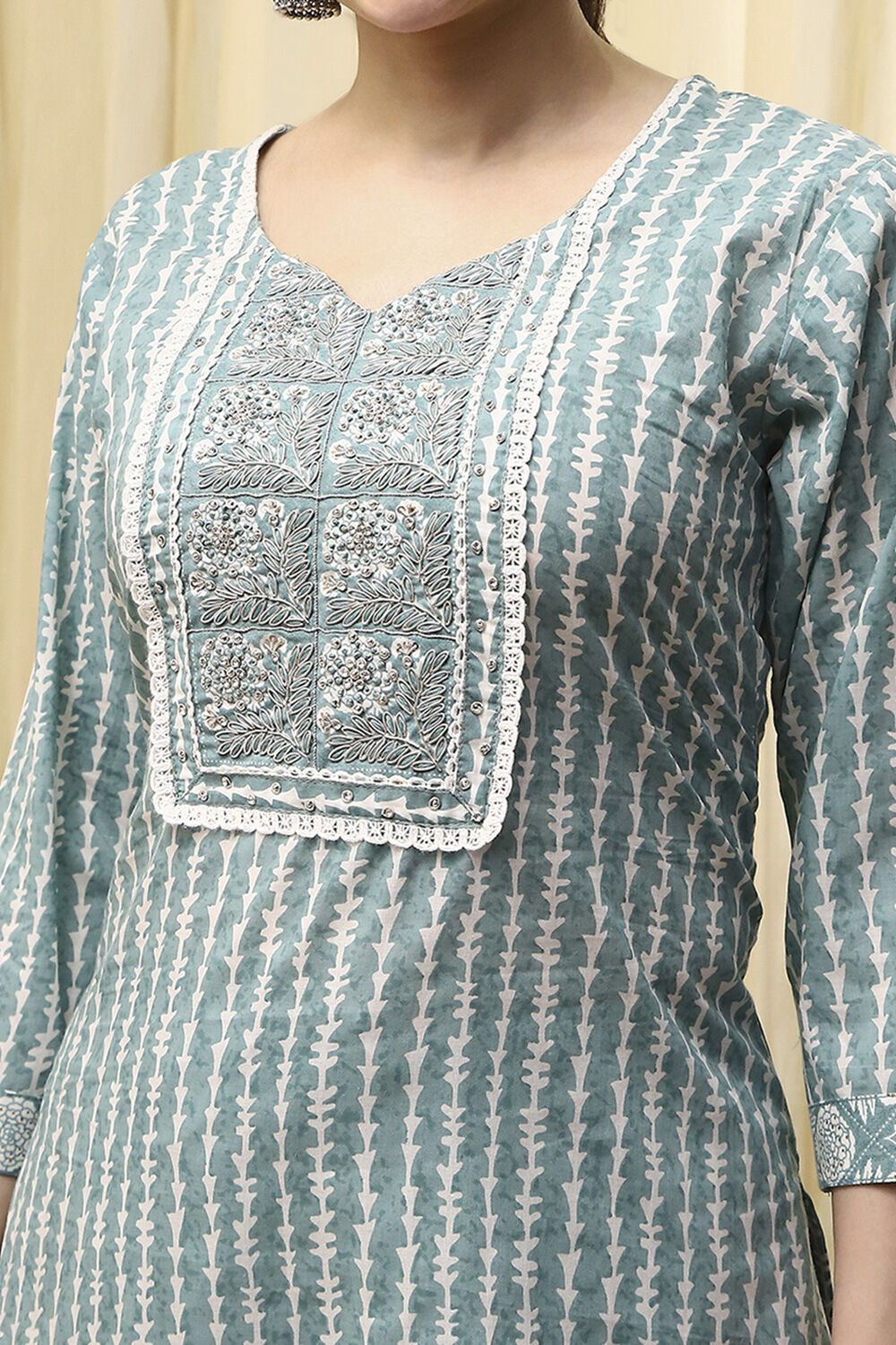 Teal Cotton Printed Unstitched Suit Set image number 2