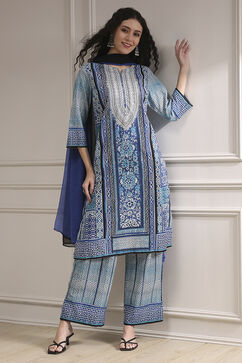 Blue Cotton Printed Straight Suit Set image number 0