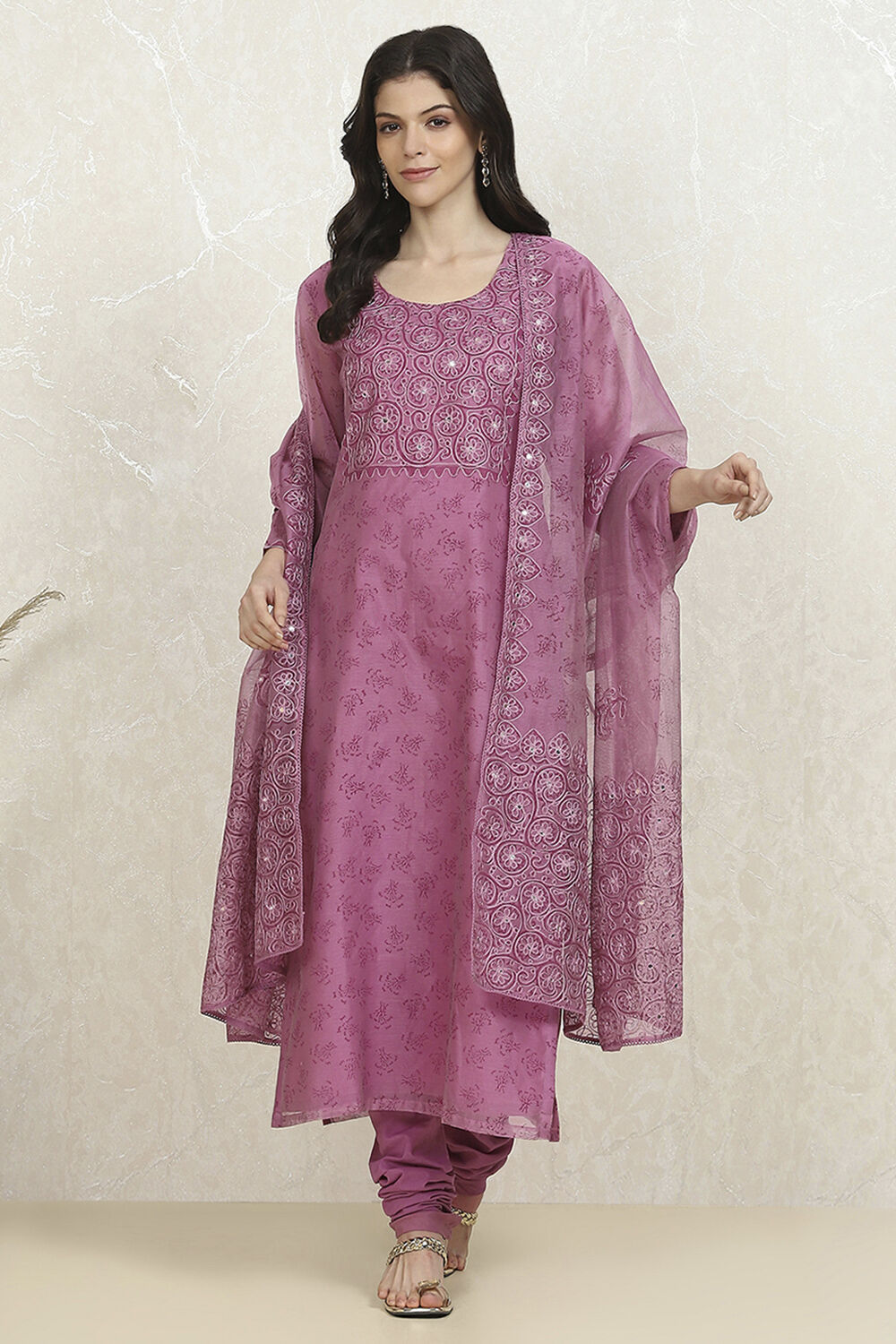 Purple Net Hand Embroidered Unstitched Suit Set image number 1