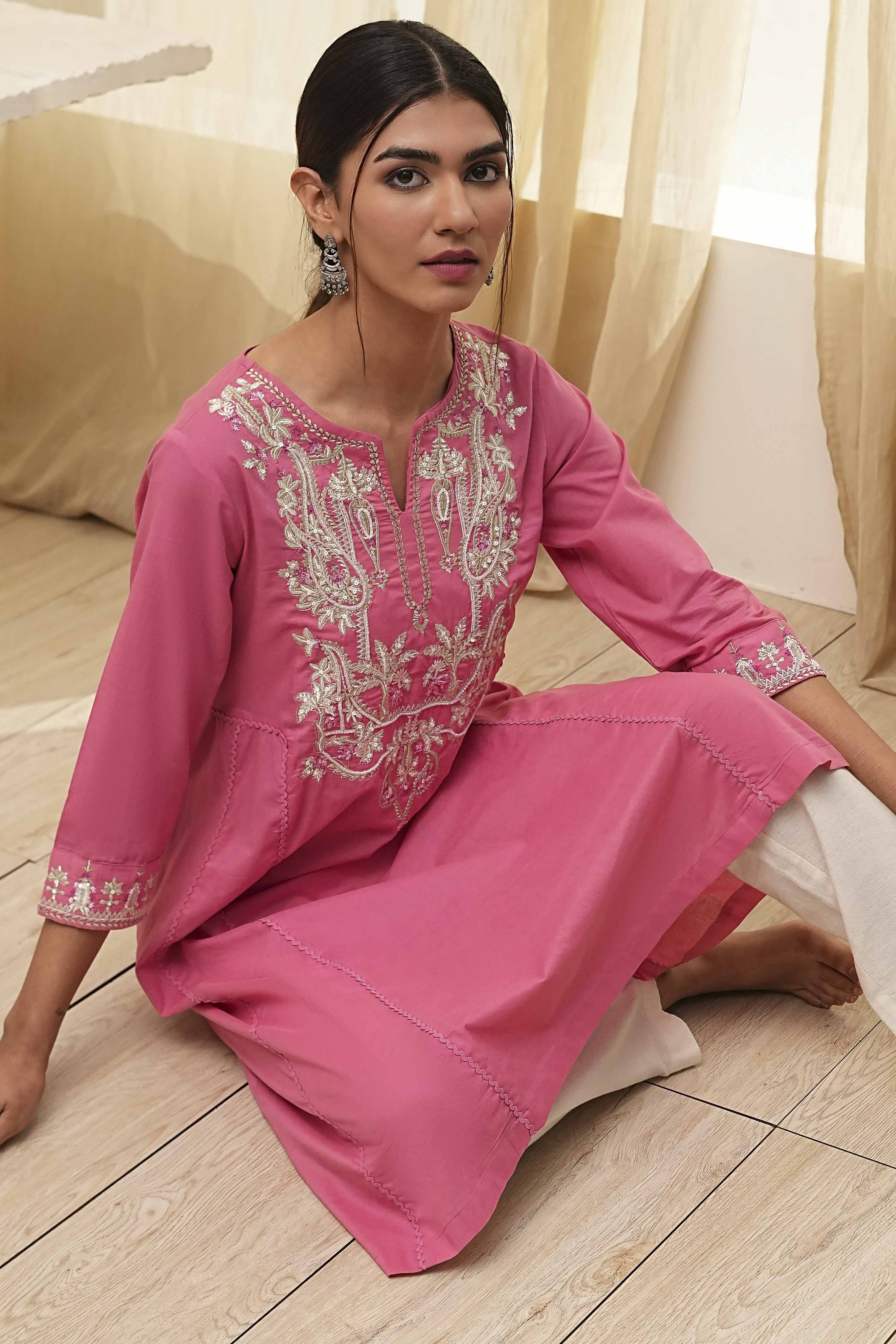 Pink Cotton Embroidered A-Line Kurta image number 6
