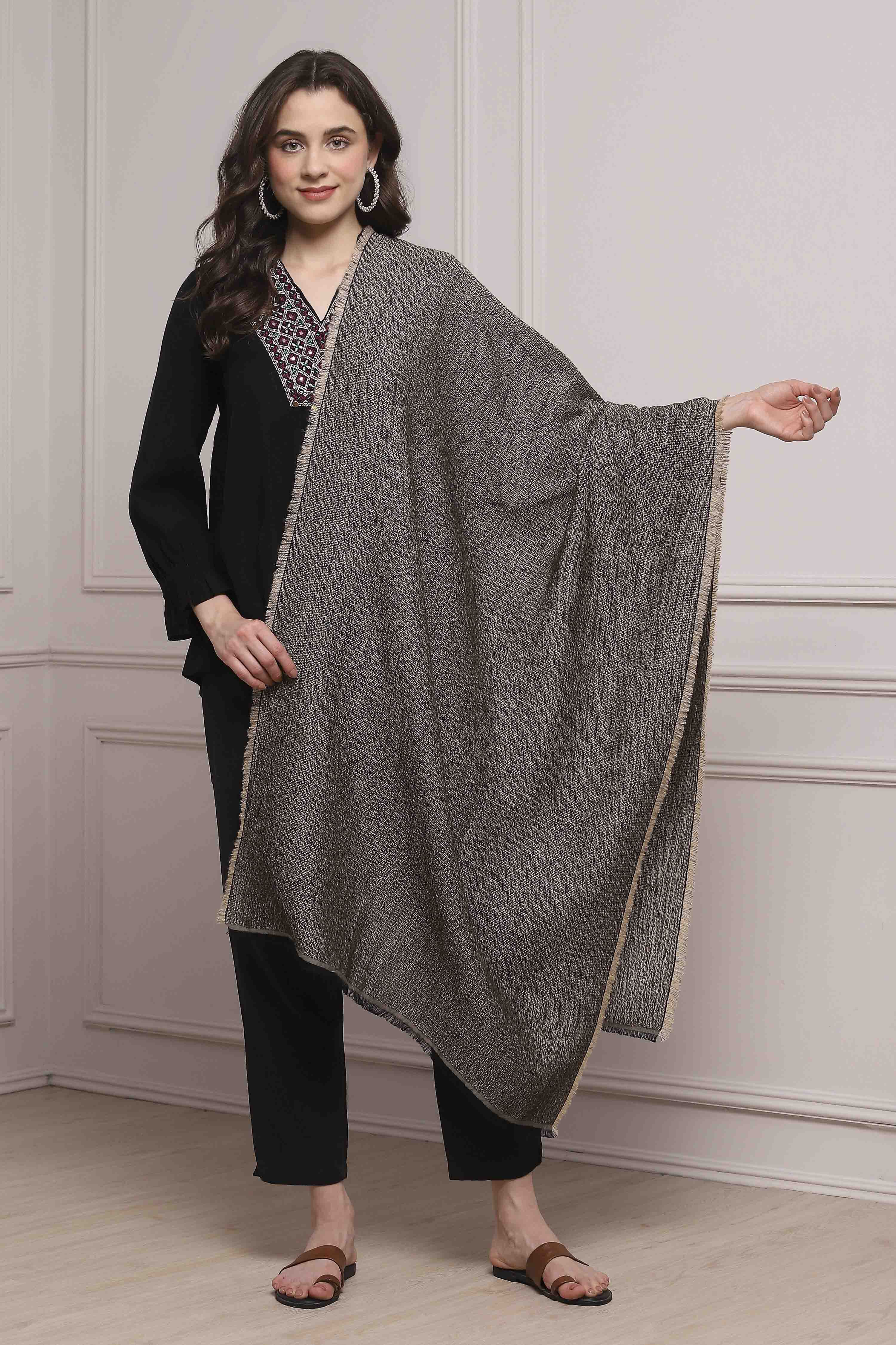 Beige Acrylic Yarndyed Stole image number 1