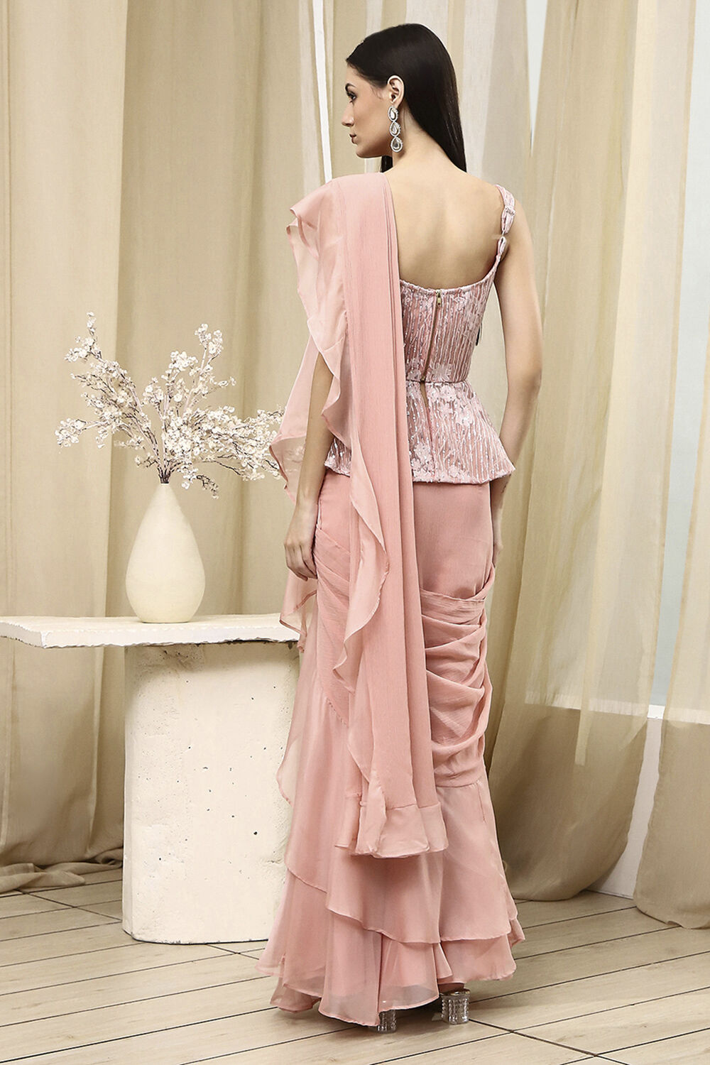 Nude-Colored Peplum Pre-Draped Saree image number 4