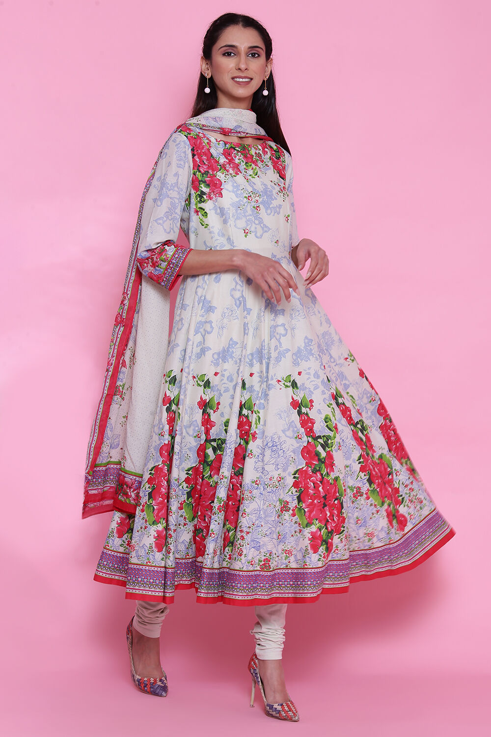 Cream Cotton Anarkali Kurta Churidar Suit Set image number 0