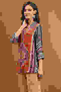 Rust and Green Block Printed Shirt Style Short Kurta image number 2