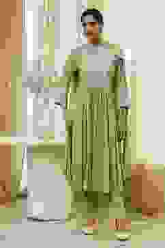 Olive Green Embroidered Gathered Suit Set image number 6