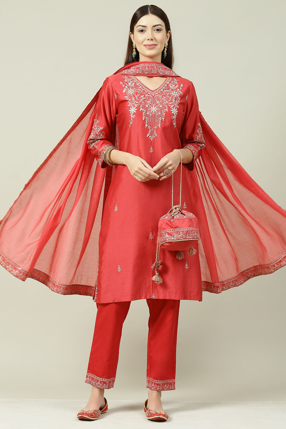 Coral Red Straight Kurta Pants Suit Set image number 7