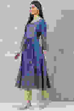 Blue Rayon A-Line Printed Kurta image number 2