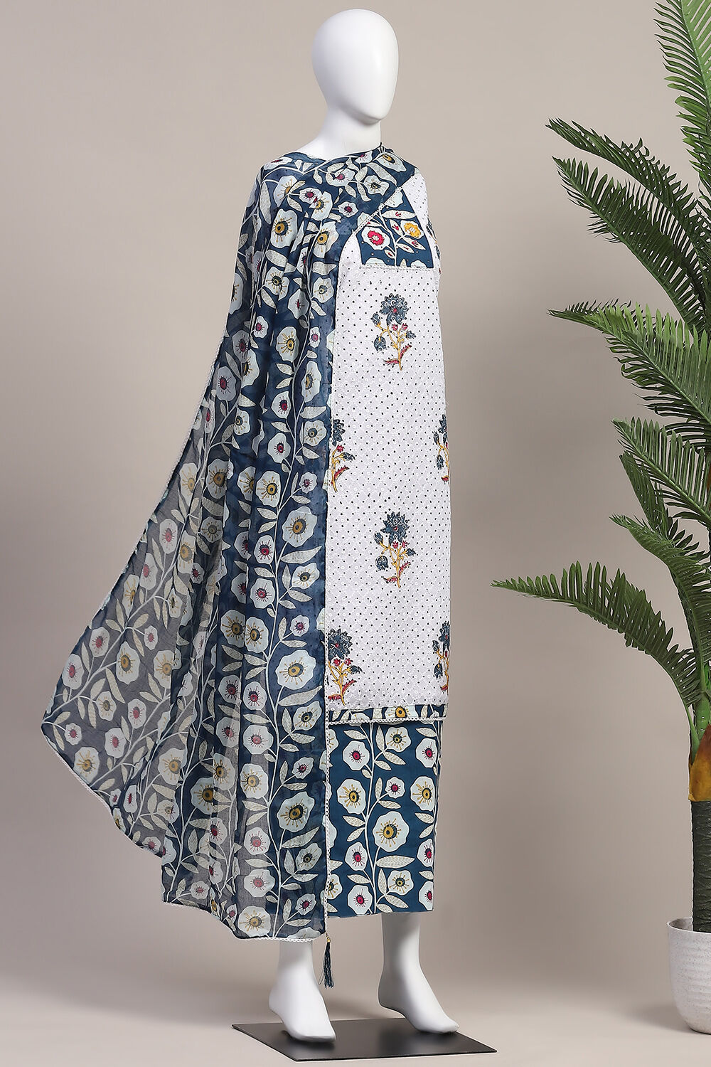 White and Blue Cotton Schiffli Unstitched Suit Set image number 5