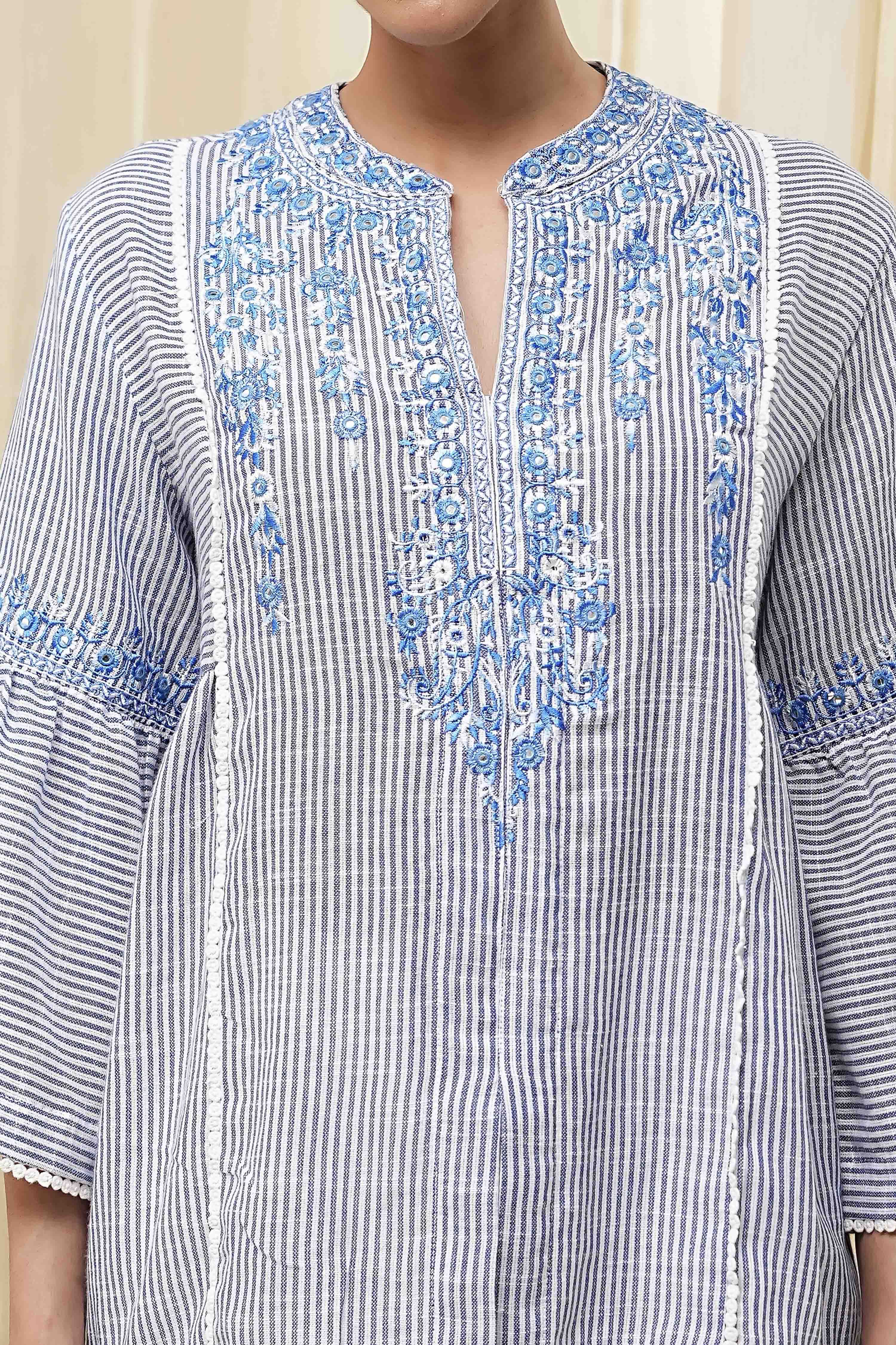 Blue Cotton Striped Straight Short Kurta image number 1